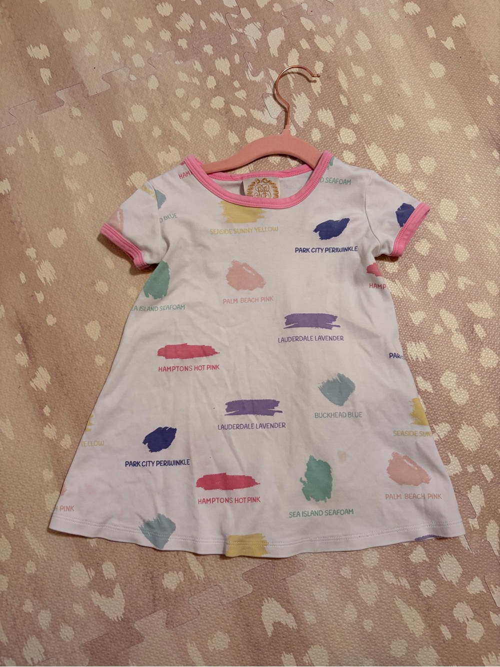 Girls White Short-Sleeve Paint-Swatch Dress with Pink Trim